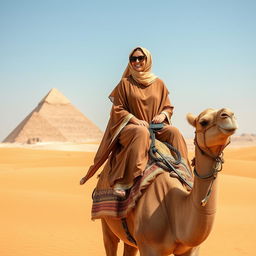 An Arab woman wearing stylish sunglasses riding gracefully on a camel in the vast desert