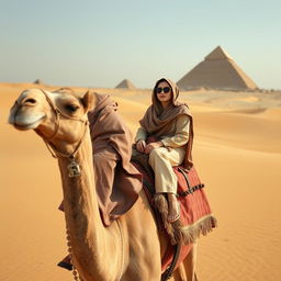 An Arab woman wearing stylish sunglasses riding gracefully on a camel in the vast desert