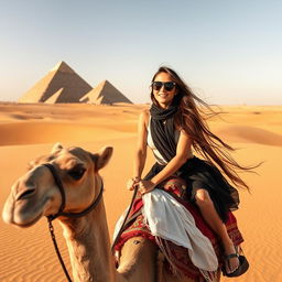 A very beautiful woman wearing stylish sunglasses riding gracefully on a camel in the expansive desert