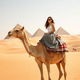 A very beautiful woman wearing stylish sunglasses riding gracefully on a camel in the expansive desert