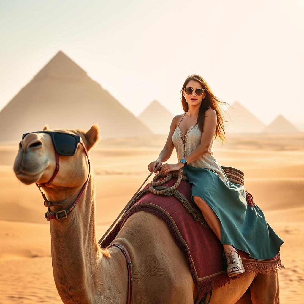 A very beautiful woman wearing stylish sunglasses riding gracefully on a camel in the expansive desert