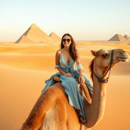 A very beautiful woman wearing stylish sunglasses riding gracefully on a camel in the expansive desert