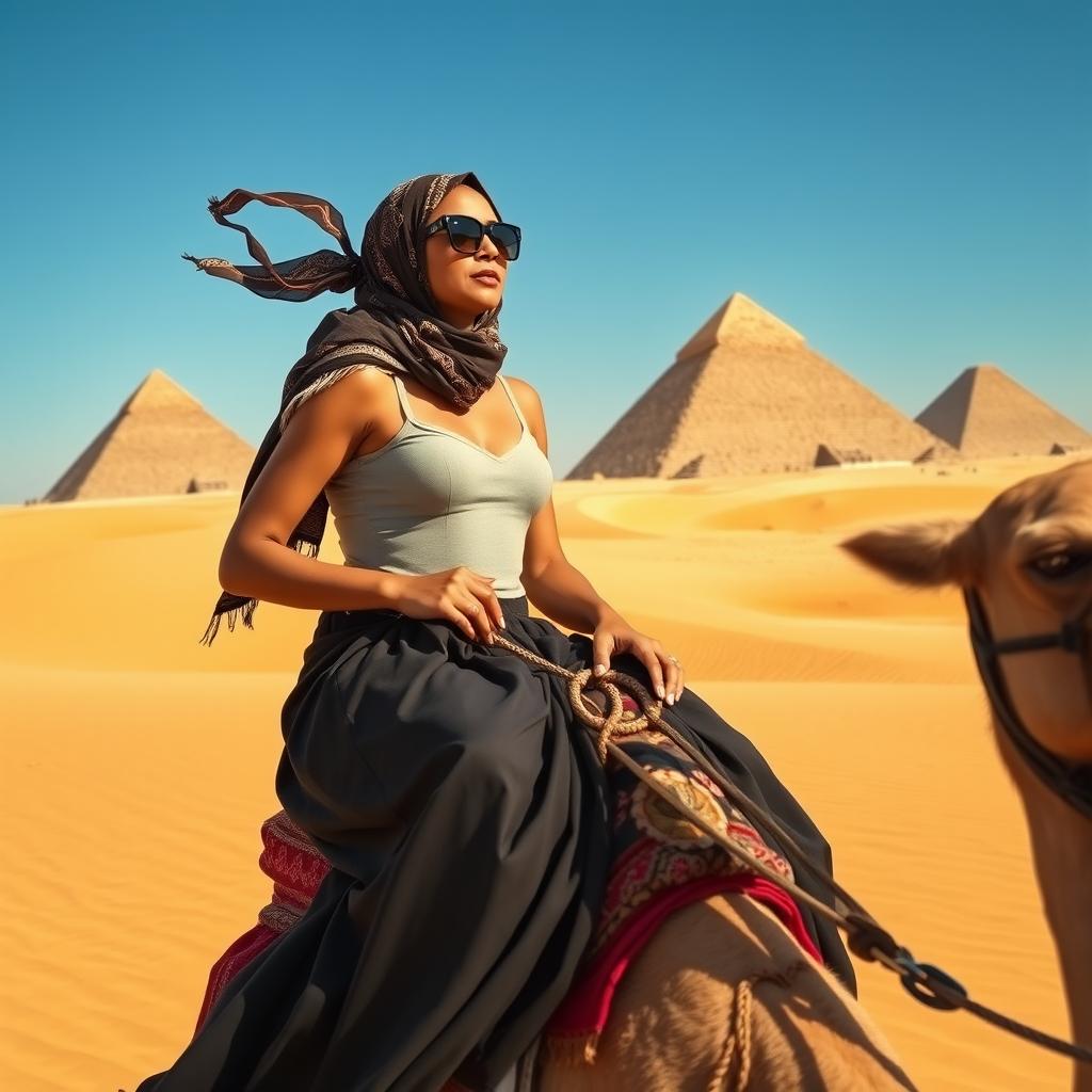 A very beautiful woman wearing stylish sunglasses and a headscarf, gracefully riding a camel in the expansive desert