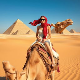 A very beautiful woman wearing stylish sunglasses and a headscarf, gracefully riding a camel in the expansive desert