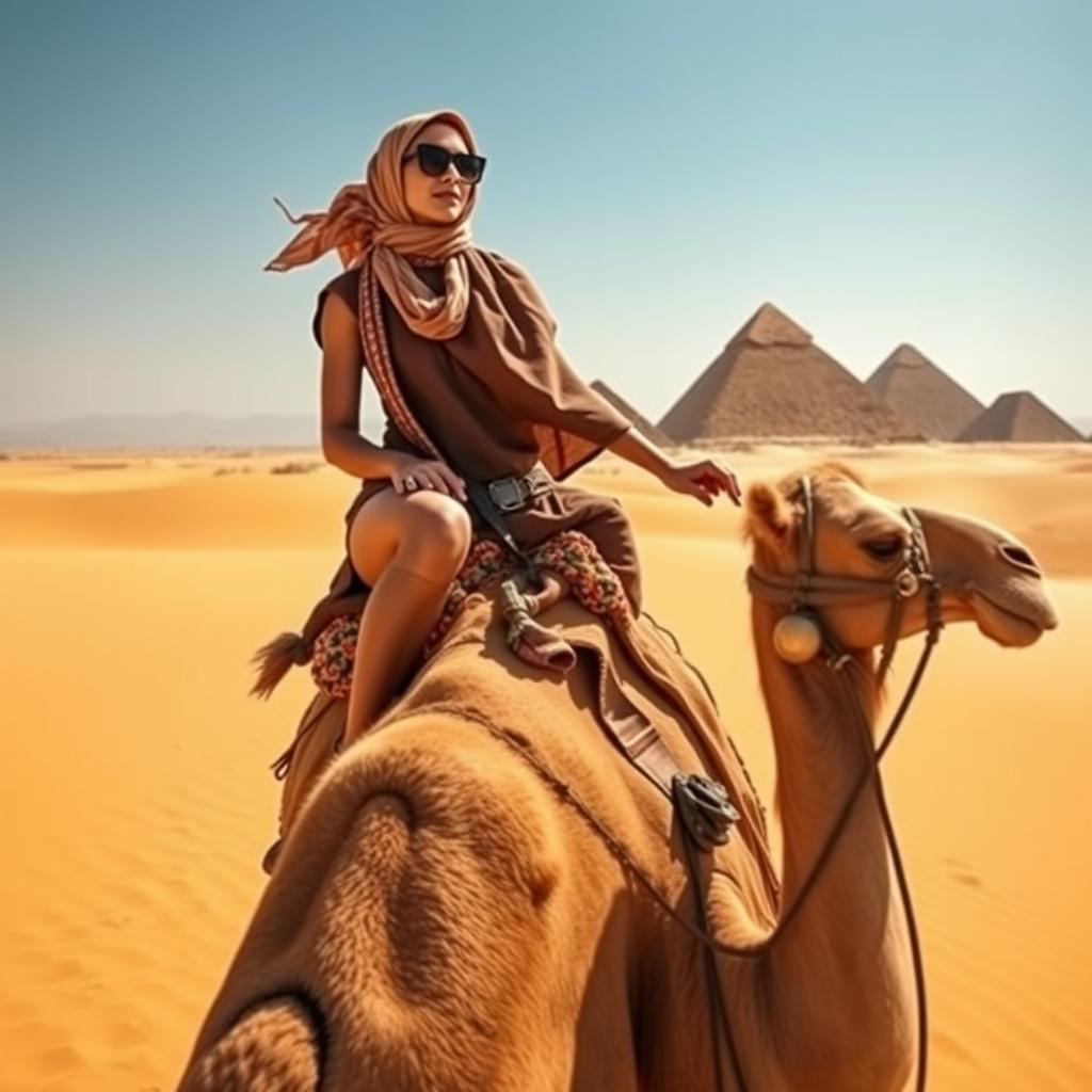 A very beautiful woman wearing stylish sunglasses and a headscarf, gracefully riding a camel in the expansive desert