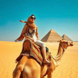 A very beautiful woman wearing stylish sunglasses and a headscarf, gracefully riding a camel in the expansive desert