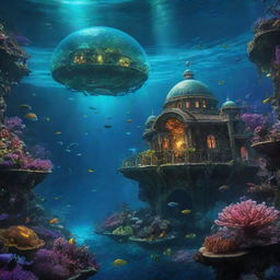 An enthralling view of a secret underwater city, glowing with bioluminescent light from its organic architecture, protective dome magically filtering sunlight into rainbow colors, inhabited by awe-inspiring marine creatures.