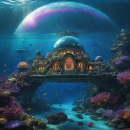 An enthralling view of a secret underwater city, glowing with bioluminescent light from its organic architecture, protective dome magically filtering sunlight into rainbow colors, inhabited by awe-inspiring marine creatures.