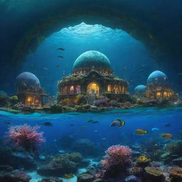 An enthralling view of a secret underwater city, glowing with bioluminescent light from its organic architecture, protective dome magically filtering sunlight into rainbow colors, inhabited by awe-inspiring marine creatures.