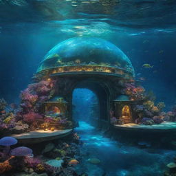 An enthralling view of a secret underwater city, glowing with bioluminescent light from its organic architecture, protective dome magically filtering sunlight into rainbow colors, inhabited by awe-inspiring marine creatures.