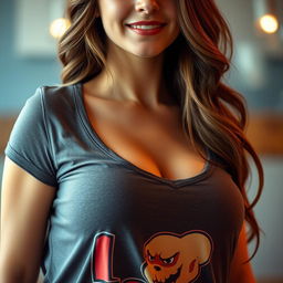 A close-up portrait of a sexy girl wearing a stylish t-shirt that accentuates her big breasts