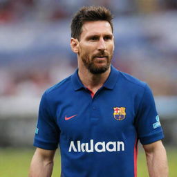 Lionel Messi wearing a polo shirt with the name 'Jorge' prominently displayed on it