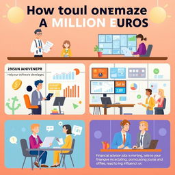 Five diverse job opportunities that can help generate a million euros, displayed in a visually appealing infographic style