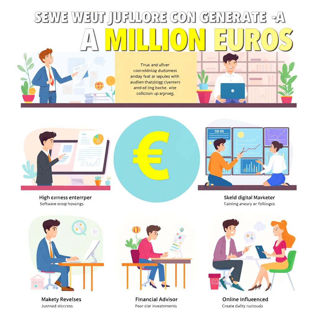 Five diverse job opportunities that can help generate a million euros, displayed in a visually appealing infographic style