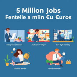 Five diverse job opportunities that can help generate a million euros, displayed in a visually appealing infographic style