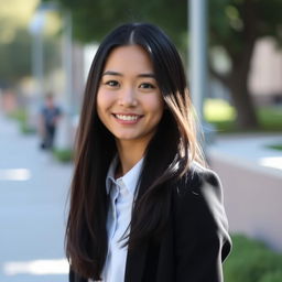 A beautiful young woman with long black hair, wearing a crisp white shirt and a stylish black blazer, is looking directly at the camera with a warm smile