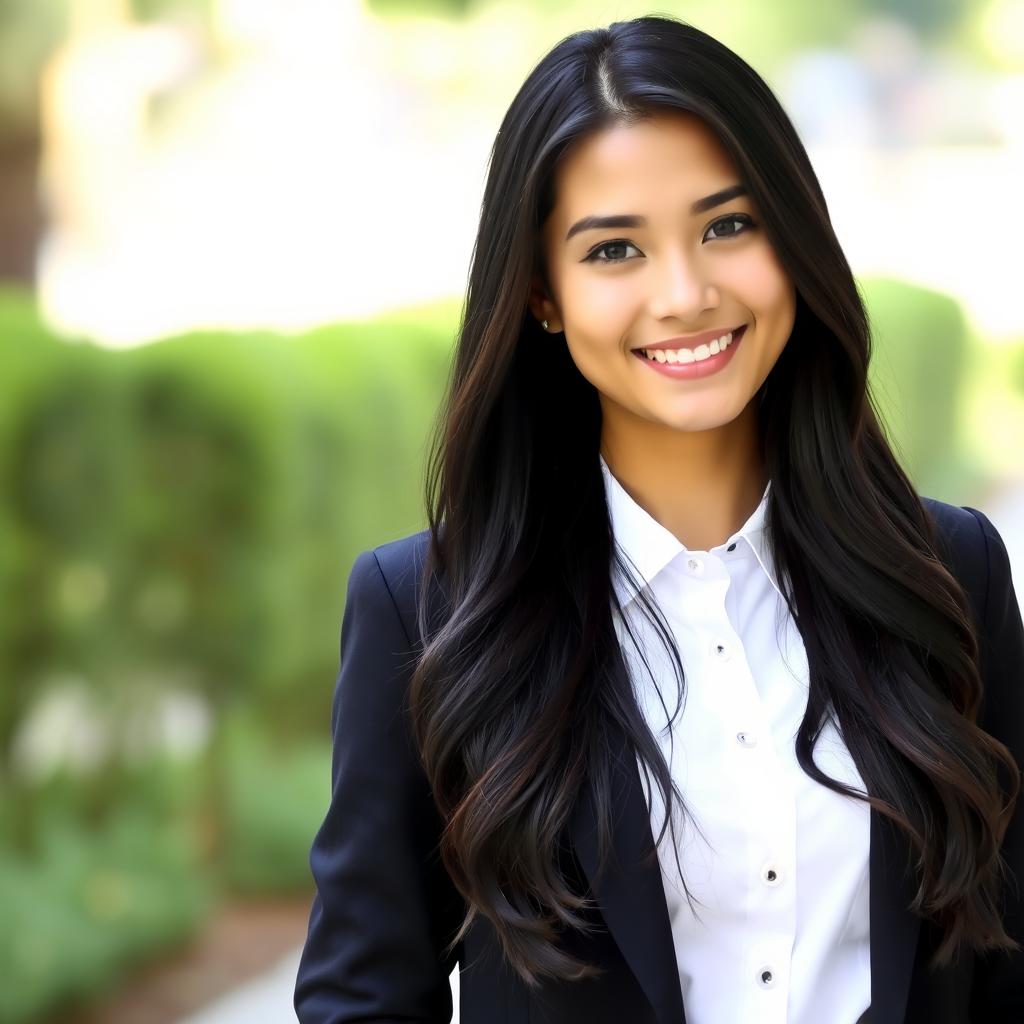 A beautiful young woman with long black hair, wearing a crisp white shirt and a stylish black blazer, is looking directly at the camera with a warm smile