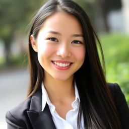 A beautiful young woman with long black hair, wearing a crisp white shirt and a stylish black blazer, is looking directly at the camera with a warm smile