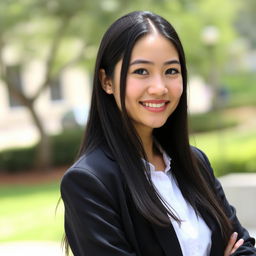 A beautiful young woman with long black hair, wearing a crisp white shirt and a stylish black blazer, is looking directly at the camera with a warm smile