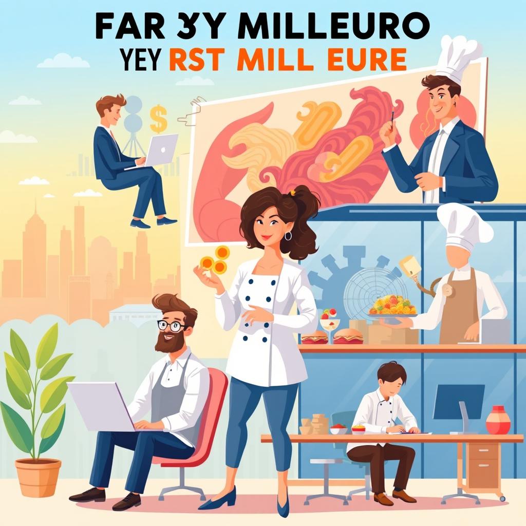 A vibrant and motivational illustration depicting a diverse group of individuals, each engaged in one of five different successful careers that can help them earn their first million euros