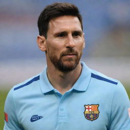 Lionel Messi wearing a polo shirt with the name 'Jorge' prominently displayed on it