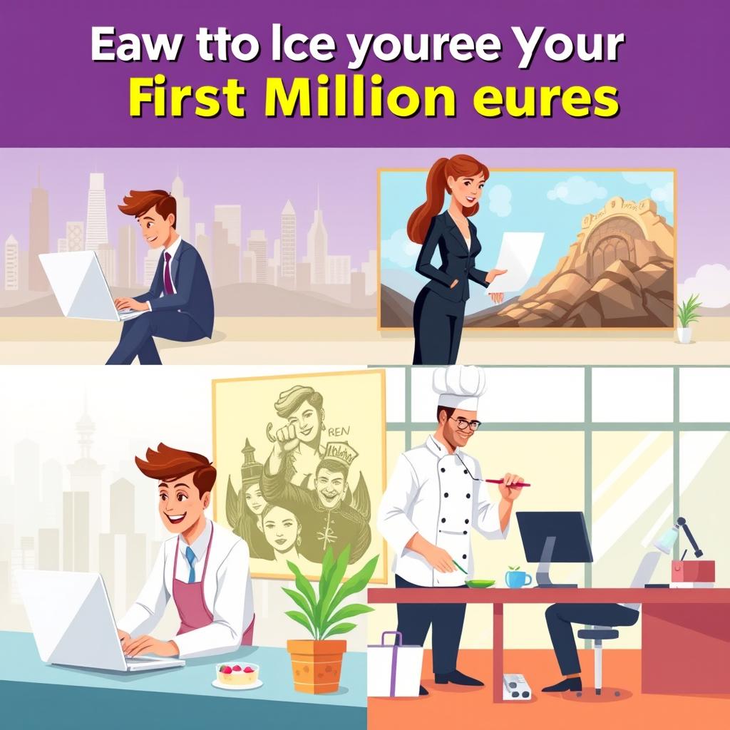 A vibrant and motivational illustration depicting a diverse group of individuals, each engaged in one of five different successful careers that can help them earn their first million euros