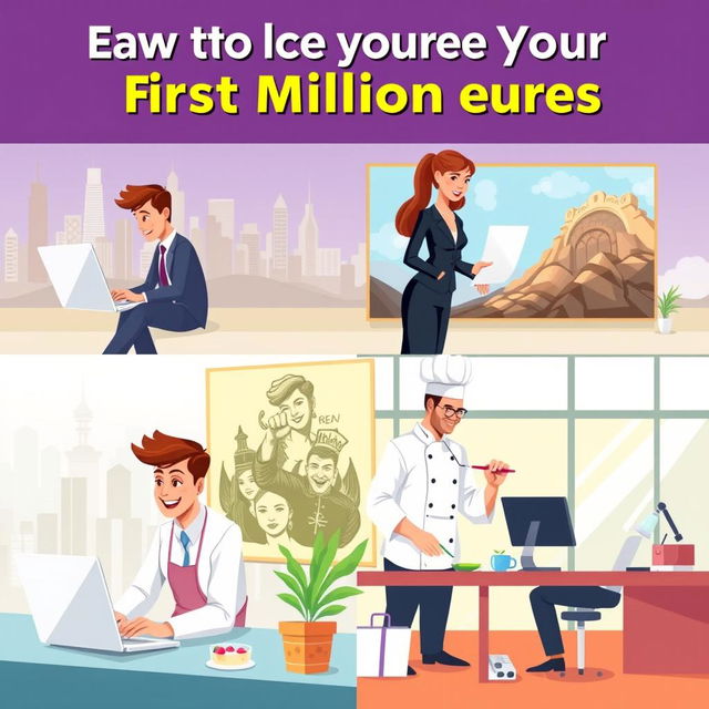 A vibrant and motivational illustration depicting a diverse group of individuals, each engaged in one of five different successful careers that can help them earn their first million euros