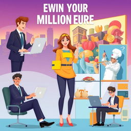 A vibrant and motivational illustration depicting a diverse group of individuals, each engaged in one of five different successful careers that can help them earn their first million euros