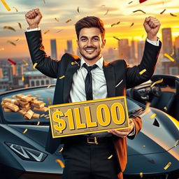 A determined young man celebrating his first million dollars, surrounded by luxurious items like a sports car, gold bars, and a lavish apartment