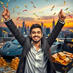 A determined young man celebrating his first million dollars, surrounded by luxurious items like a sports car, gold bars, and a lavish apartment