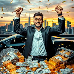 A determined young man celebrating his first million dollars, surrounded by luxurious items like a sports car, gold bars, and a lavish apartment