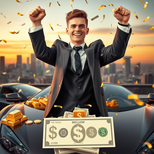 A determined young man celebrating his first million dollars, surrounded by luxurious items like a sports car, gold bars, and a lavish apartment