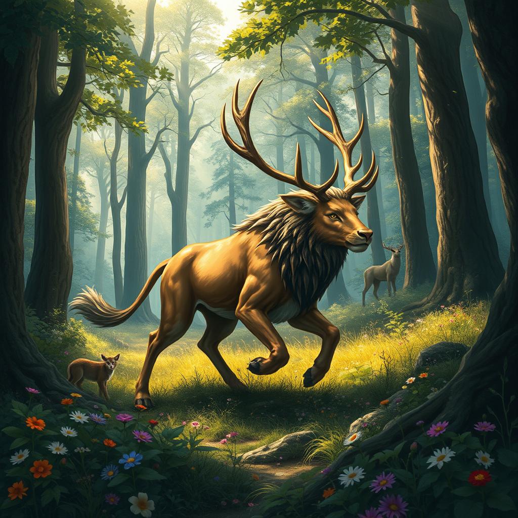 A beautifully detailed scene of a majestic Melathe, a mythical creature resembling a blend of a lion and a deer, roaming through an enchanting forest in the midst of a hunt