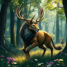 A beautifully detailed scene of a majestic Melathe, a mythical creature resembling a blend of a lion and a deer, roaming through an enchanting forest in the midst of a hunt