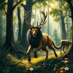 A beautifully detailed scene of a majestic Melathe, a mythical creature resembling a blend of a lion and a deer, roaming through an enchanting forest in the midst of a hunt