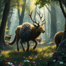 A beautifully detailed scene of a majestic Melathe, a mythical creature resembling a blend of a lion and a deer, roaming through an enchanting forest in the midst of a hunt