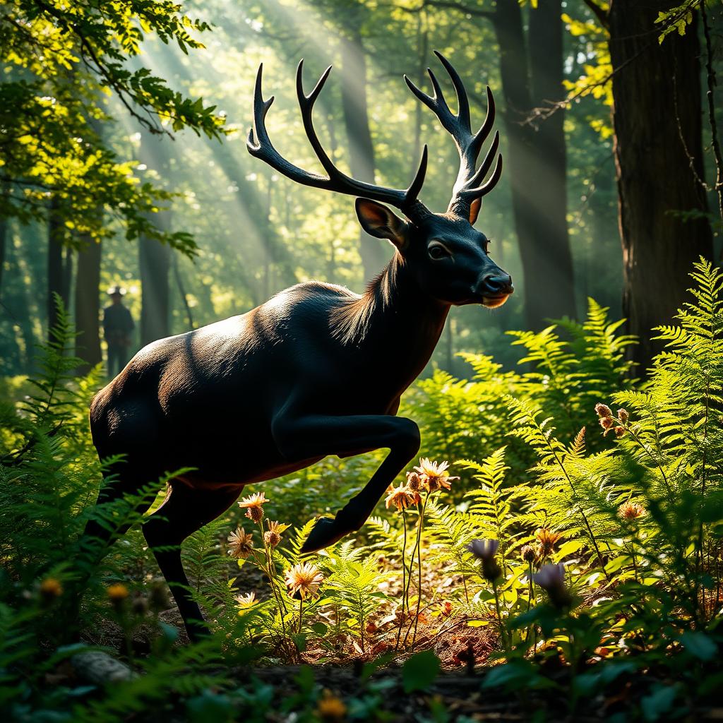 A dynamic and immersive scene featuring a striking black deer gliding through a lush forest, embodying the essence of being hunted in the wild