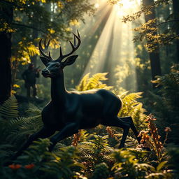 A dynamic and immersive scene featuring a striking black deer gliding through a lush forest, embodying the essence of being hunted in the wild