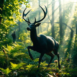 A dynamic and immersive scene featuring a striking black deer gliding through a lush forest, embodying the essence of being hunted in the wild