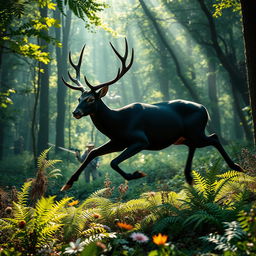 A dynamic and immersive scene featuring a striking black deer gliding through a lush forest, embodying the essence of being hunted in the wild