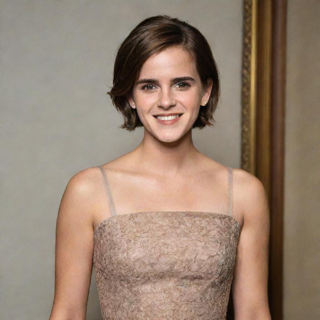 A portrait of Emma Watson with a confident smile, framed by her short brown hair and wearing a simple yet elegant dress.