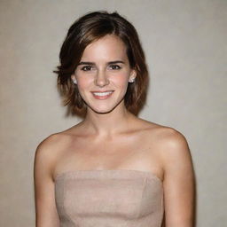 A portrait of Emma Watson with a confident smile, framed by her short brown hair and wearing a simple yet elegant dress.