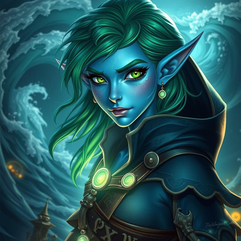 A striking scene featuring an aquatic elf pirate wizard with blue skin and vibrant green hair