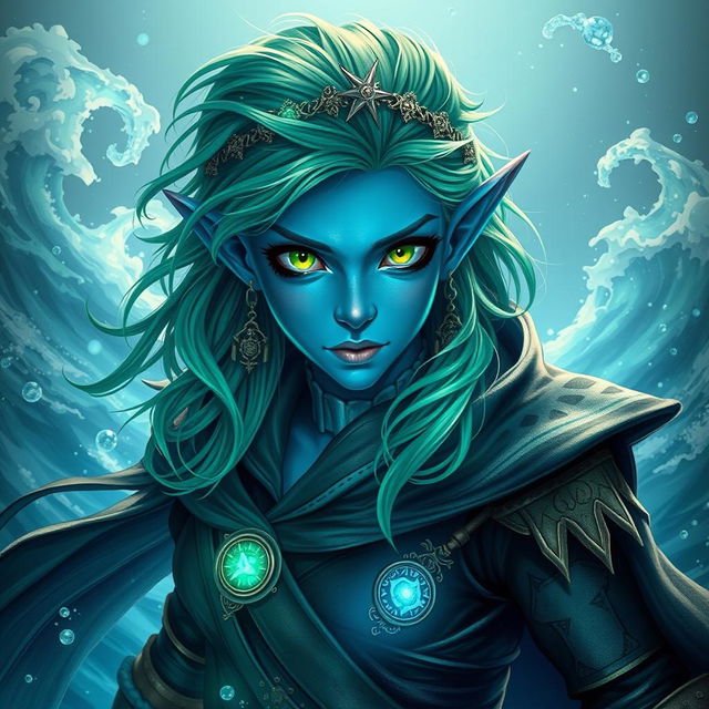 A striking scene featuring an aquatic elf pirate wizard with blue skin and vibrant green hair