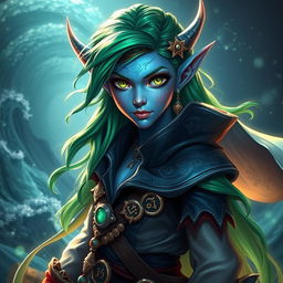 A striking scene featuring an aquatic elf pirate wizard with blue skin and vibrant green hair