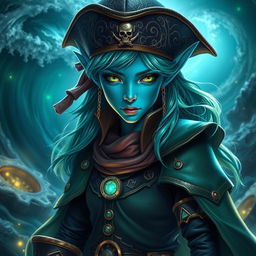 A striking scene featuring an aquatic elf pirate wizard with blue skin and vibrant green hair