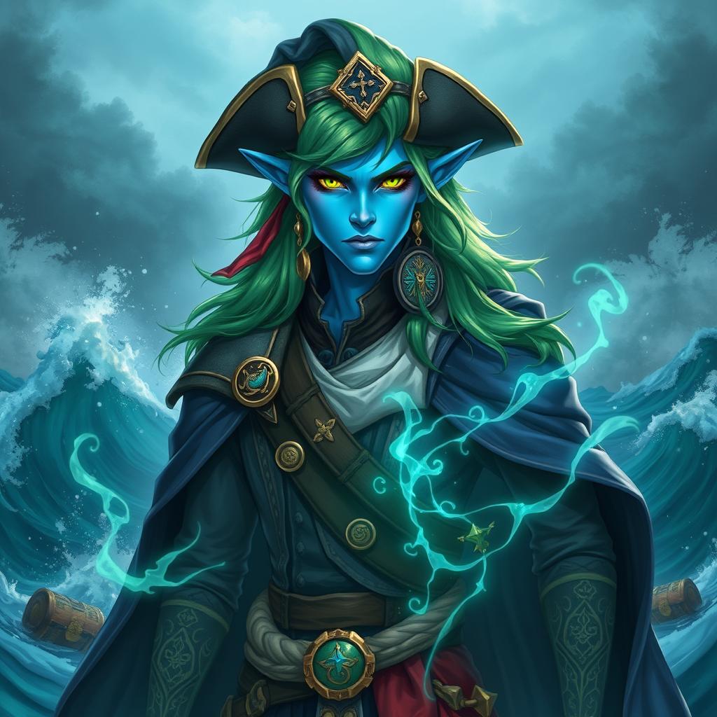 A majestic male aquatic elf pirate wizard with striking blue skin and vibrant green hair