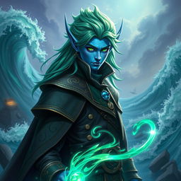 A majestic male aquatic elf pirate wizard with striking blue skin and vibrant green hair