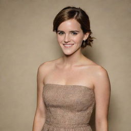 A portrait of Emma Watson with a confident smile, framed by her short brown hair and wearing a simple yet elegant dress.