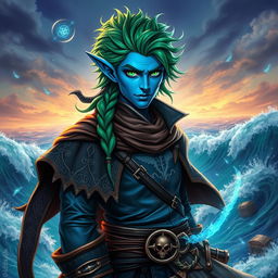A majestic male aquatic elf pirate wizard with striking blue skin and vibrant green hair